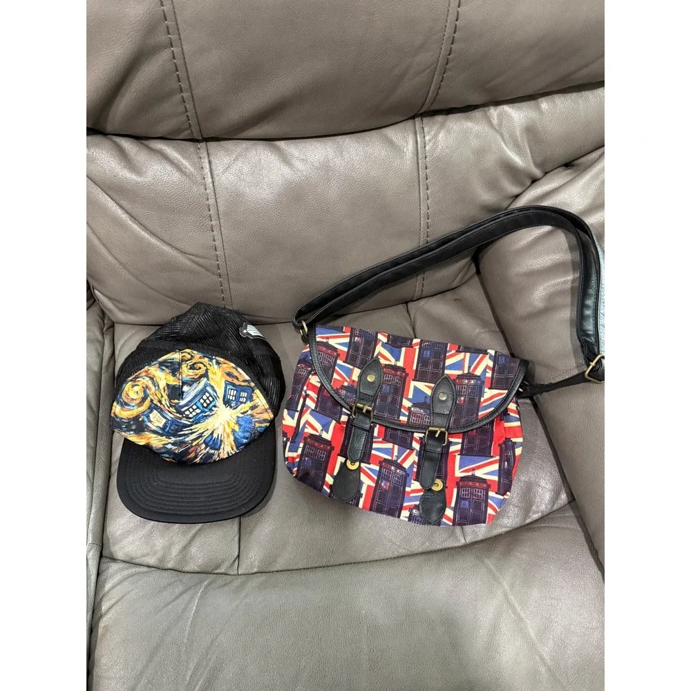 Doctor Who Union Jack TARDIS Crossbody Bag and Starry Night‎ Trucker Hat Bundle